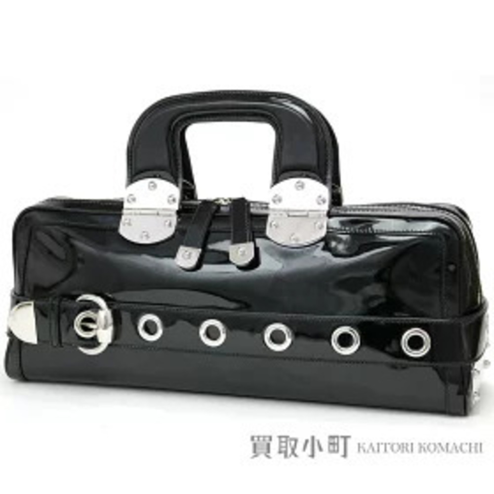 Gucci Boston Bag Belt Motif Black Patent Vernis Leather Handbag HAND